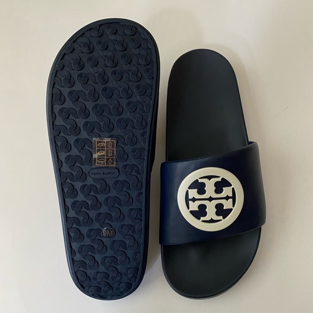 NIB Tory Burch LOGO Lina Leather Slide Royal Navy - Picture 8 of 11